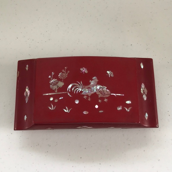 Vintage Oriental Red Lacquer Jewelry Box with Abalone Inlay with Rooster Design